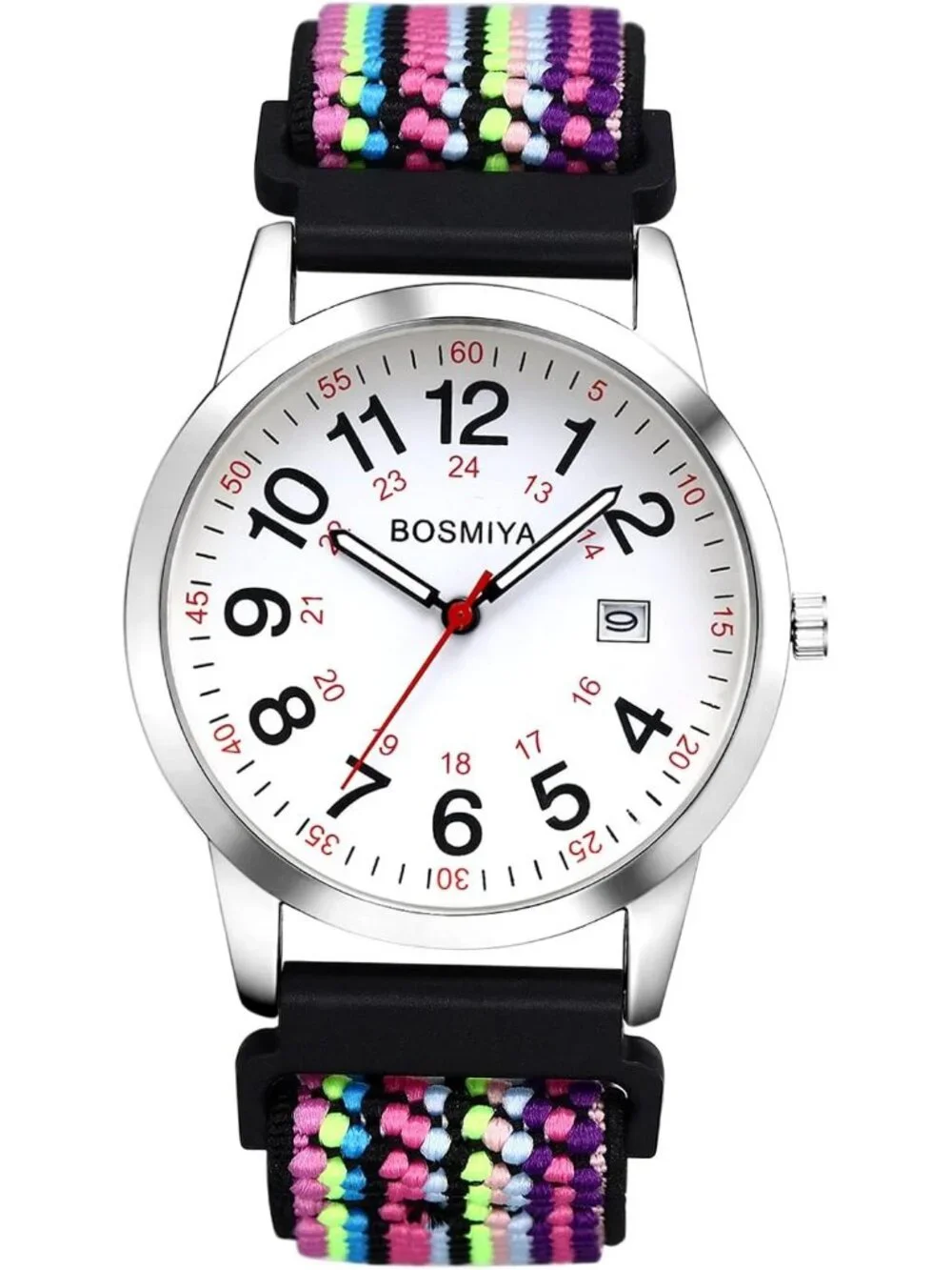 Women's White Purple Quartz Analog Nylon Strap Elastic Band Date Wrist Watch